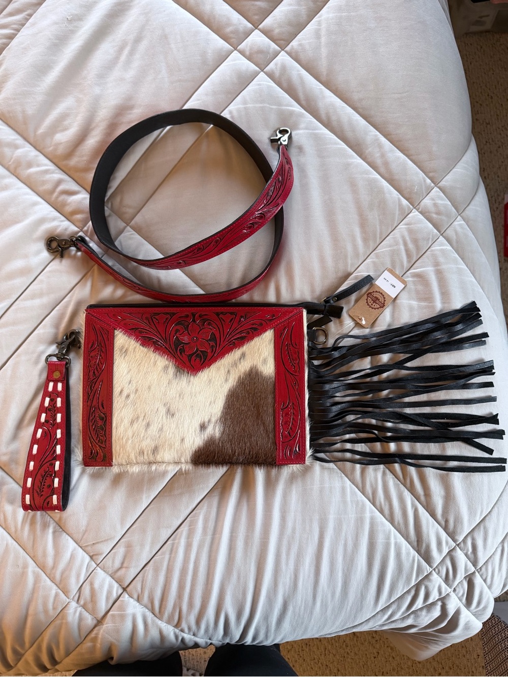 Red Tooled Leather & Cowhide Fringe Crossbody Bag